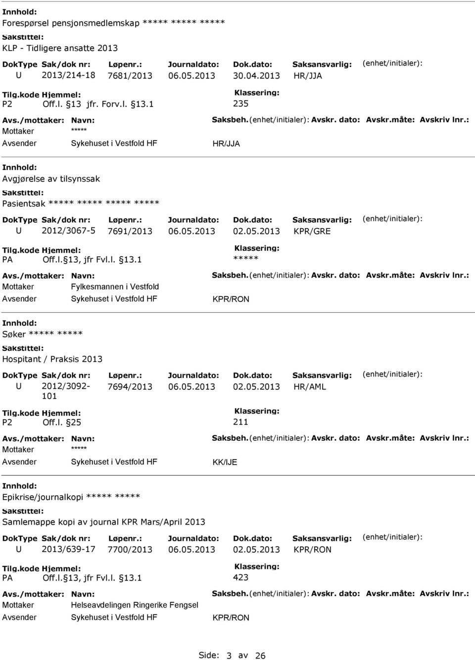 : Mottaker Fylkesmannen i Vestfold KPR/RON Søker Hospitant / Praksis 2013 Sak/dok nr: 2012/3092-101 Løpenr.: 7694/2013 02.05.2013 211 Avs./mottaker: Navn: Saksbeh. Avskr. dato: Avskr.