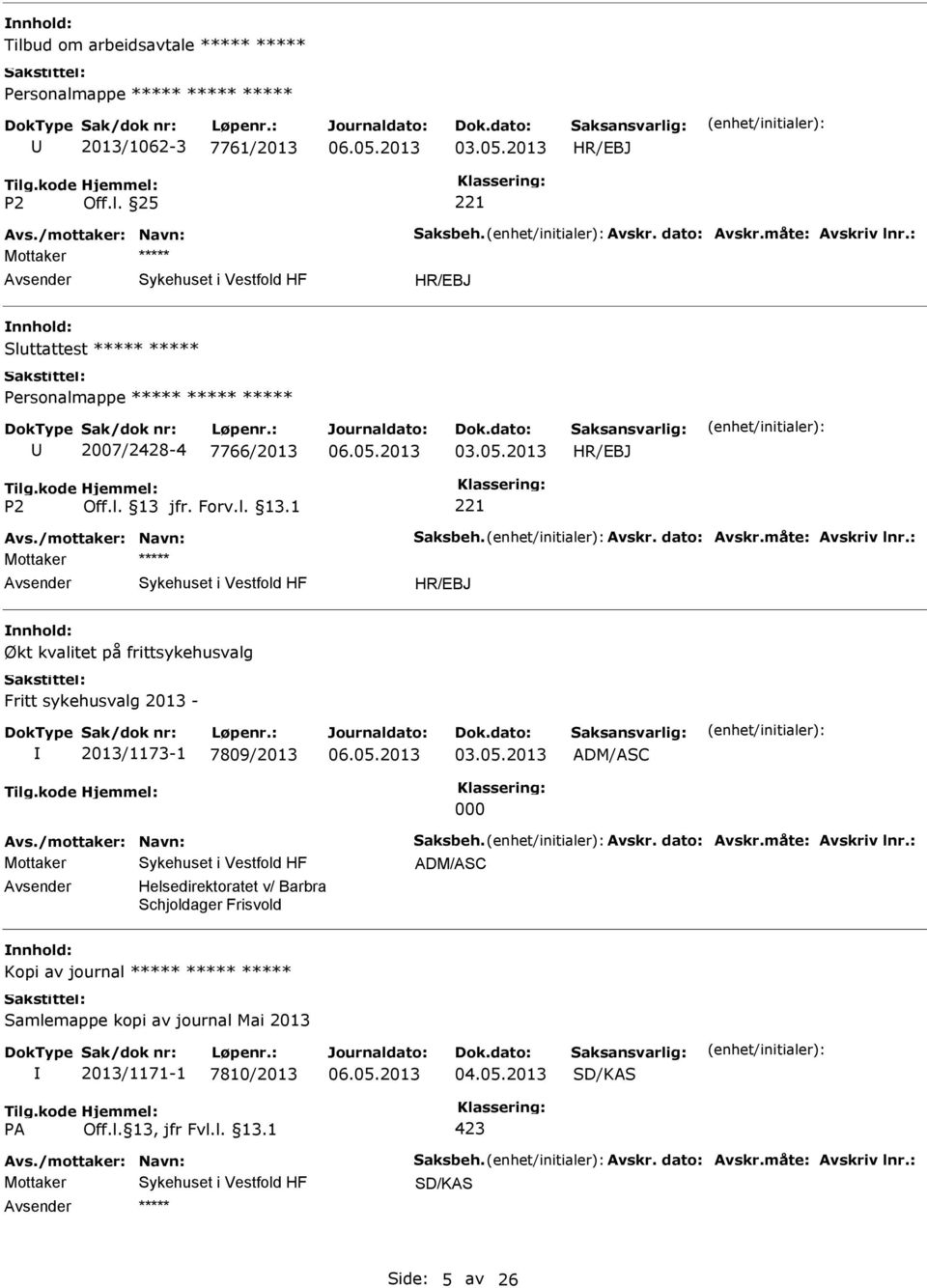 : Mottaker HR/EBJ Økt kvalitet på frittsykehusvalg Fritt sykehusvalg 2013-2013/1173-1 7809/2013 03.05.2013 ADM/ASC 000 Avs./mottaker: Navn: Saksbeh. Avskr. dato: Avskr.