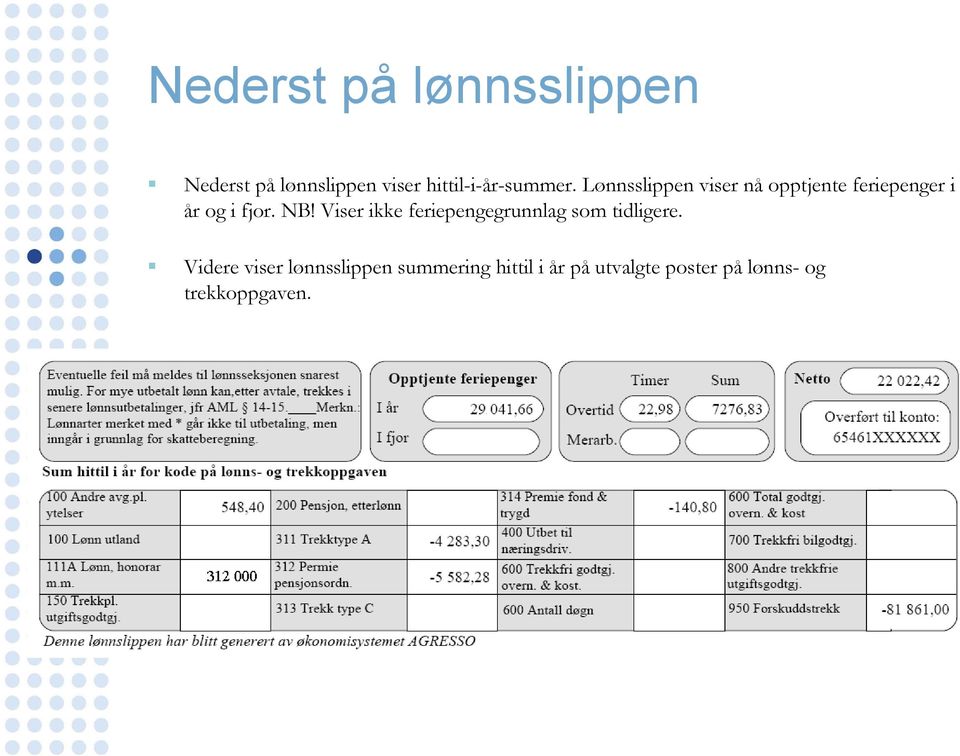 Lønnsslippen viser nå opptjente feriepenger i år og i fjor. NB!