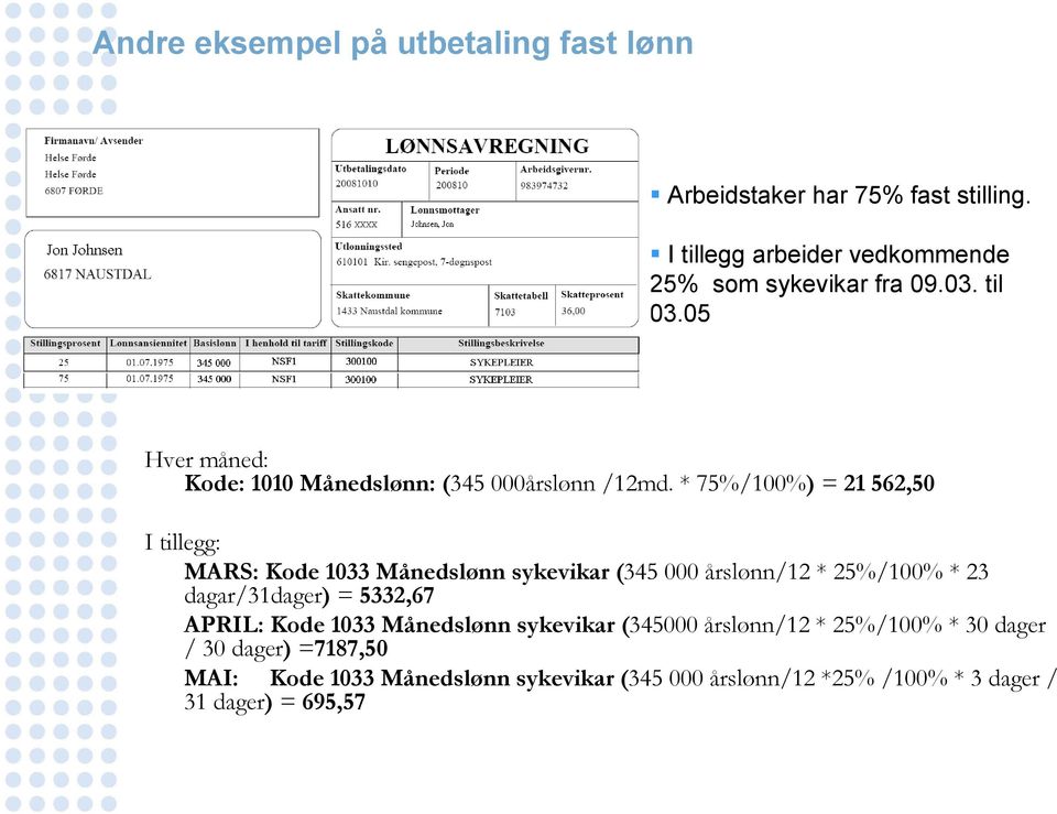 * 75%/100%) = 21 562,50 I tillegg: MARS: Kode 1033 Månedslønn sykevikar (345 000 årslønn/12 * 25%/100% * 23 dagar/31dager) = 5332,67