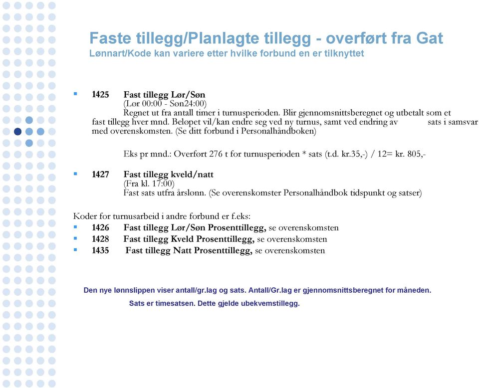 (Se ditt forbund i Personalhåndboken) Eks pr mnd.: Overført 276 t for turnusperioden * sats (t.d. kr.35,-) / 12= kr. 805,- 1427 Fast tillegg kveld/natt (Fra kl. 17:00) Fast sats utfra årslønn.