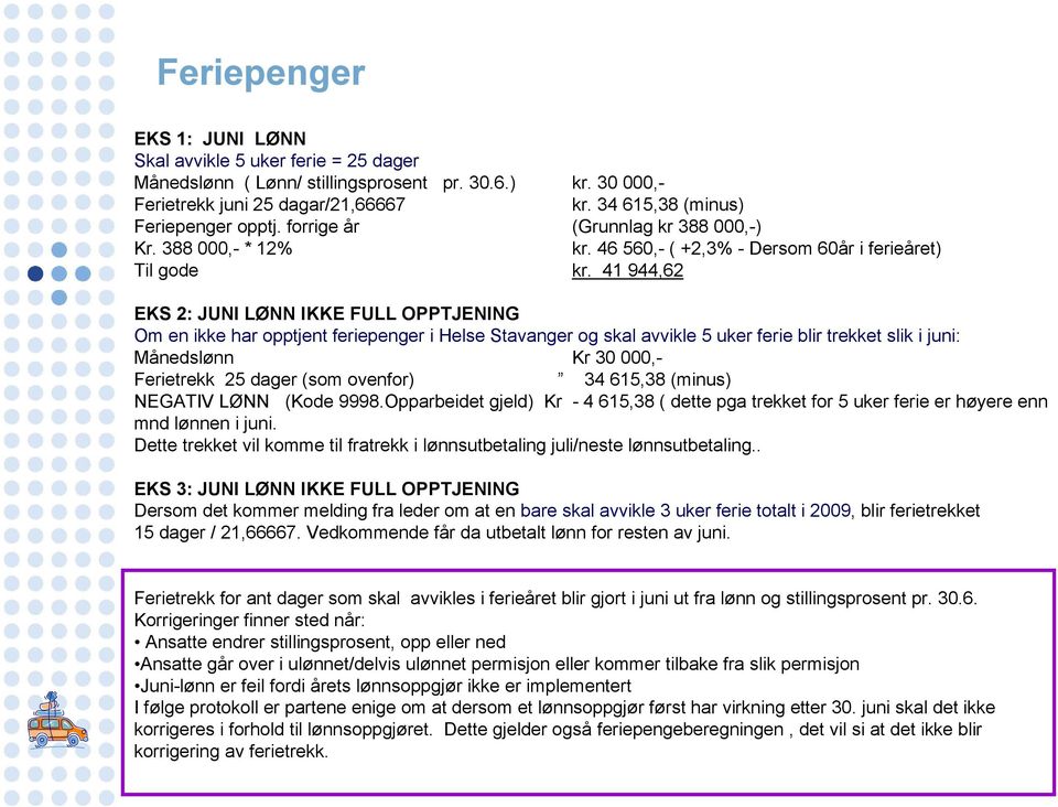 41 944,62 EKS 2: JUNI LØNN IKKE FULL OPPTJENING Om en ikke har opptjent feriepenger i Helse Stavanger og skal avvikle 5 uker ferie blir trekket slik i juni: Månedslønn Kr 30 000,- Ferietrekk 25 dager