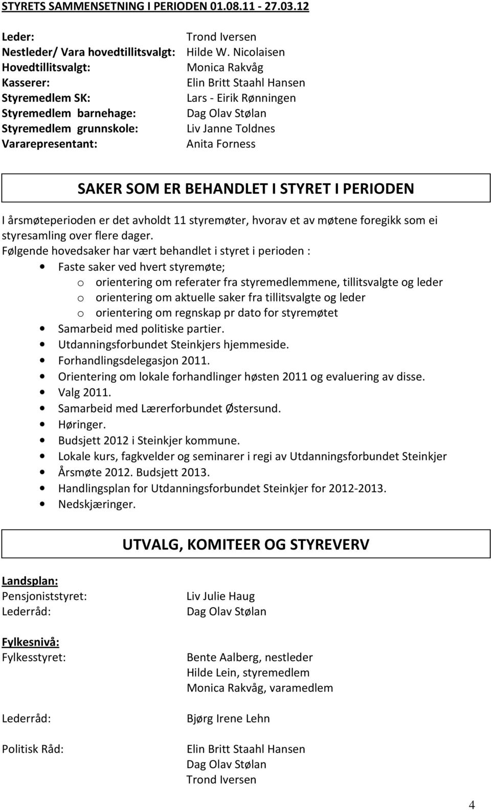 Vararepresentant: Anita Forness SAKER SOM ER BEHANDLET I STYRET I PERIODEN I årsmøteperioden er det avholdt 11 styremøter, hvorav et av møtene foregikk som ei styresamling over flere dager.