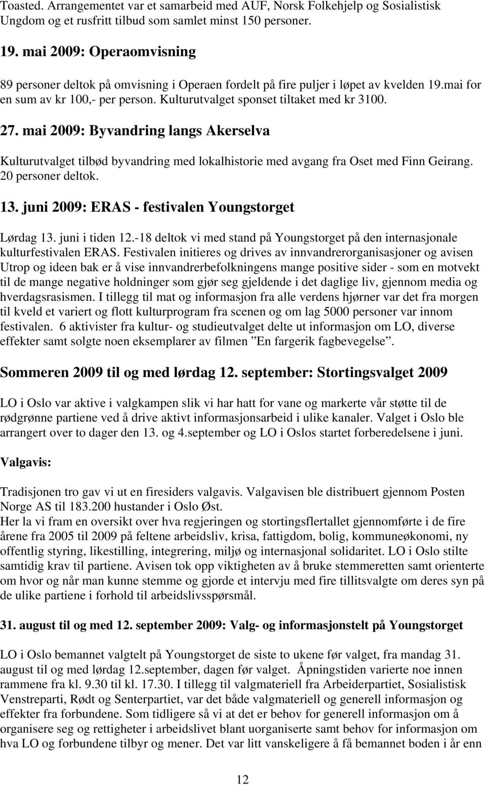 mai 2009: Byvandring langs Akerselva Kulturutvalget tilbød byvandring med lokalhistorie med avgang fra Oset med Finn Geirang. 20 personer deltok. 13.