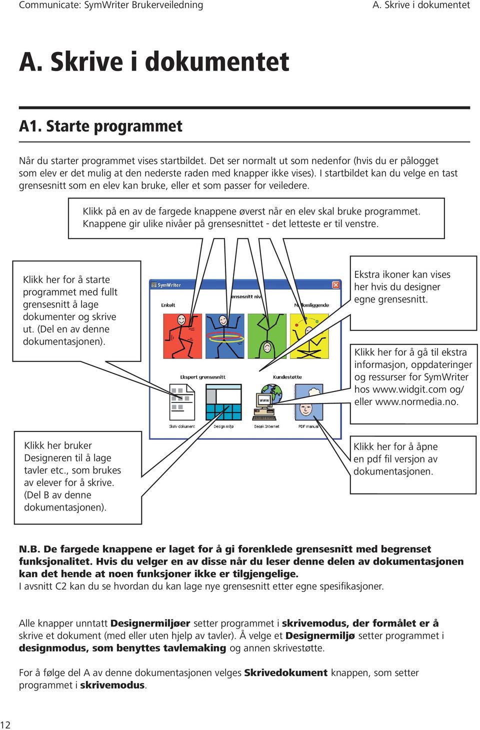 I startbildet kan du velge en tast grensesnitt som en elev kan bruke, eller et som passer for veiledere. Klikk på en av de fargede knappene øverst når en elev skal bruke programmet.