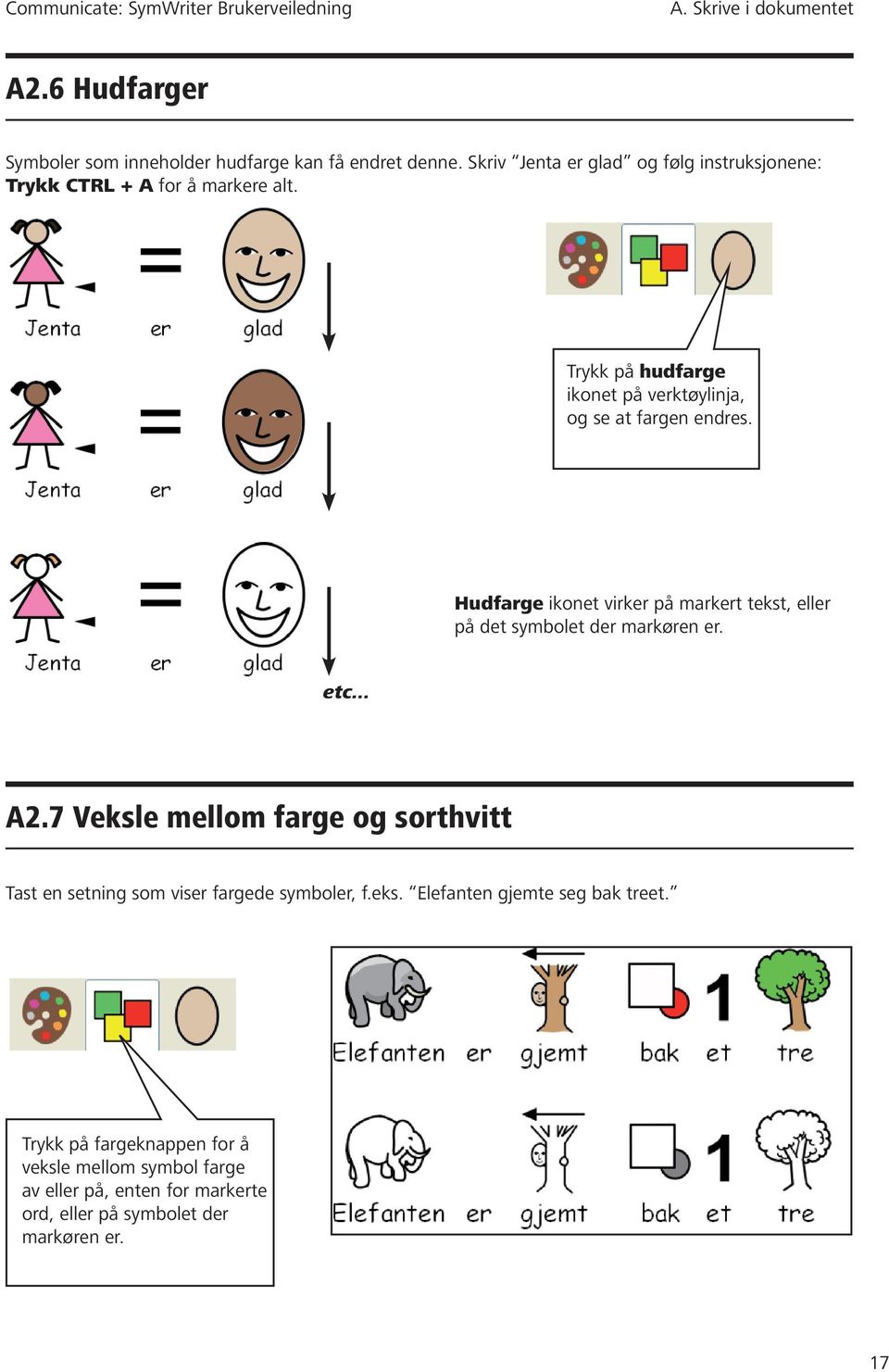 Hudfarge ikonet virker på markert tekst, eller på det symbolet der markøren er. etc... A2.