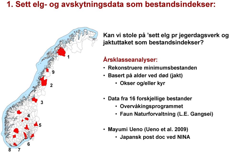 9 2 1 Årsklasseanalyser: Rekonstruere minimumsbestanden Basert på alder ved død (jakt) Okser