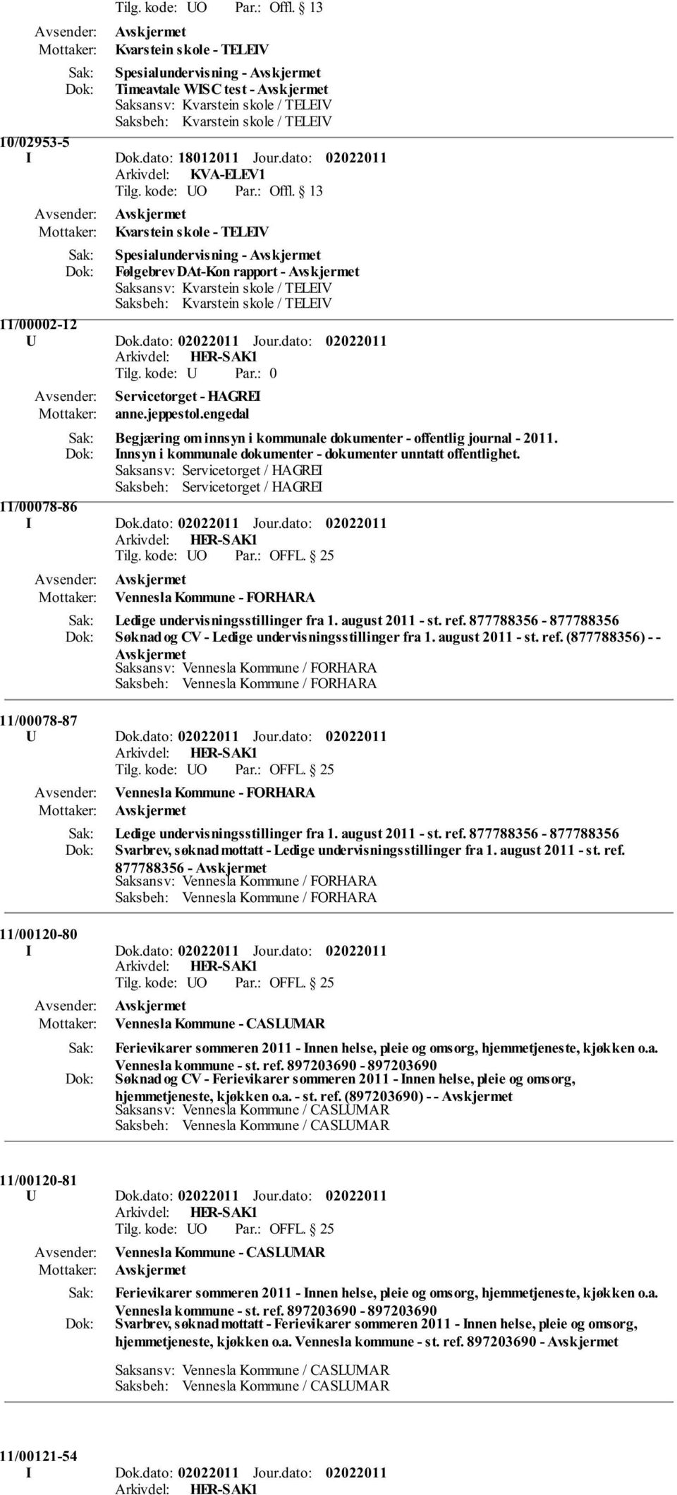 Saksansv: Servicetorget / HAGREI Saksbeh: Servicetorget / HAGREI 11/00078-86 I Dok.dato: Jour.dato: Vennesla Kommune - FORHARA Ledige undervisningsstillinger fra 1. august 2011 - st. ref.