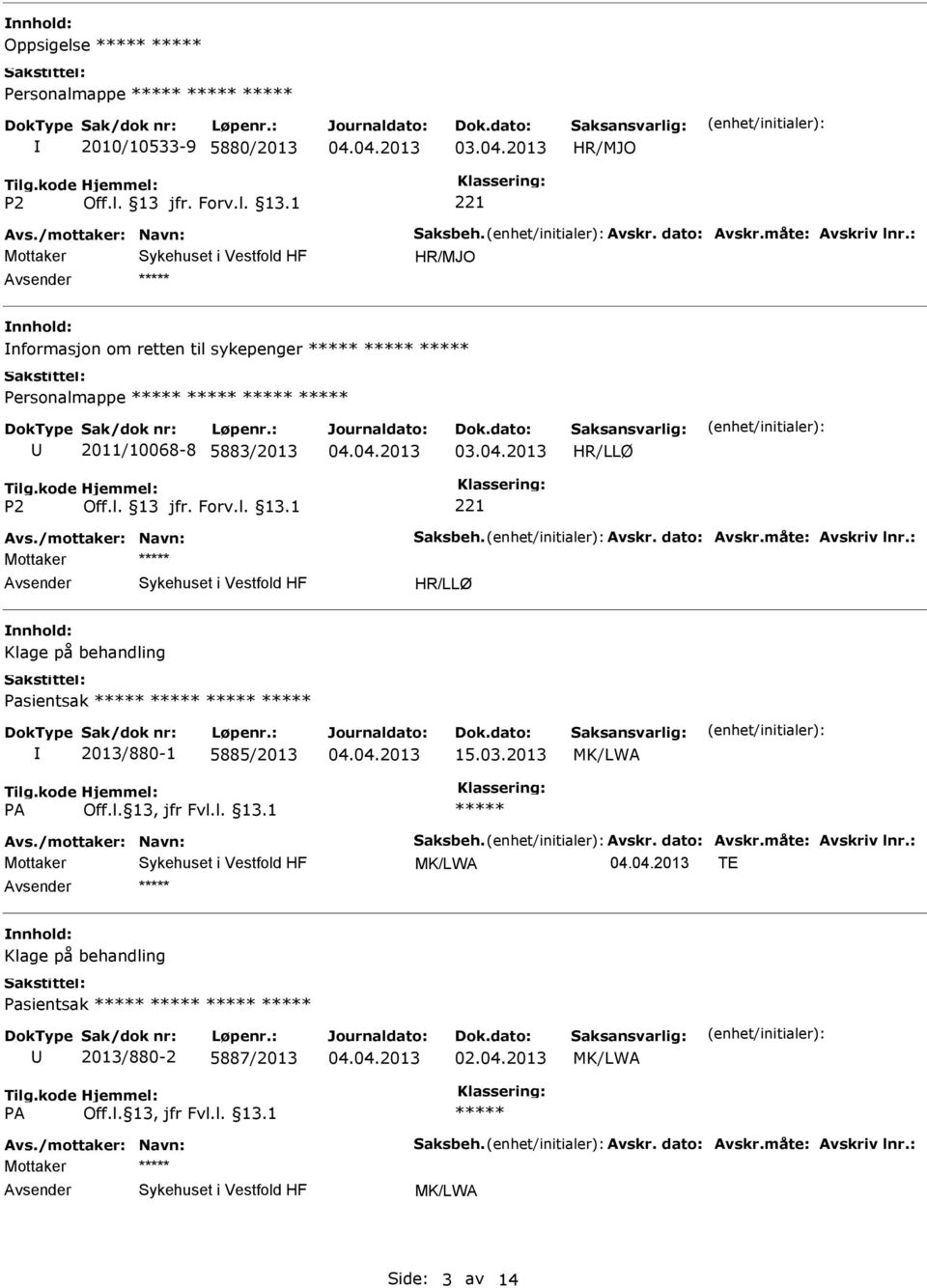 : Mottaker nnhold: Klage på behandling Pasientsak 2013/880-1 5885/2013 15.03.2013 MK/LWA Avs./mottaker: Navn: Saksbeh. Avskr. dato: Avskr.