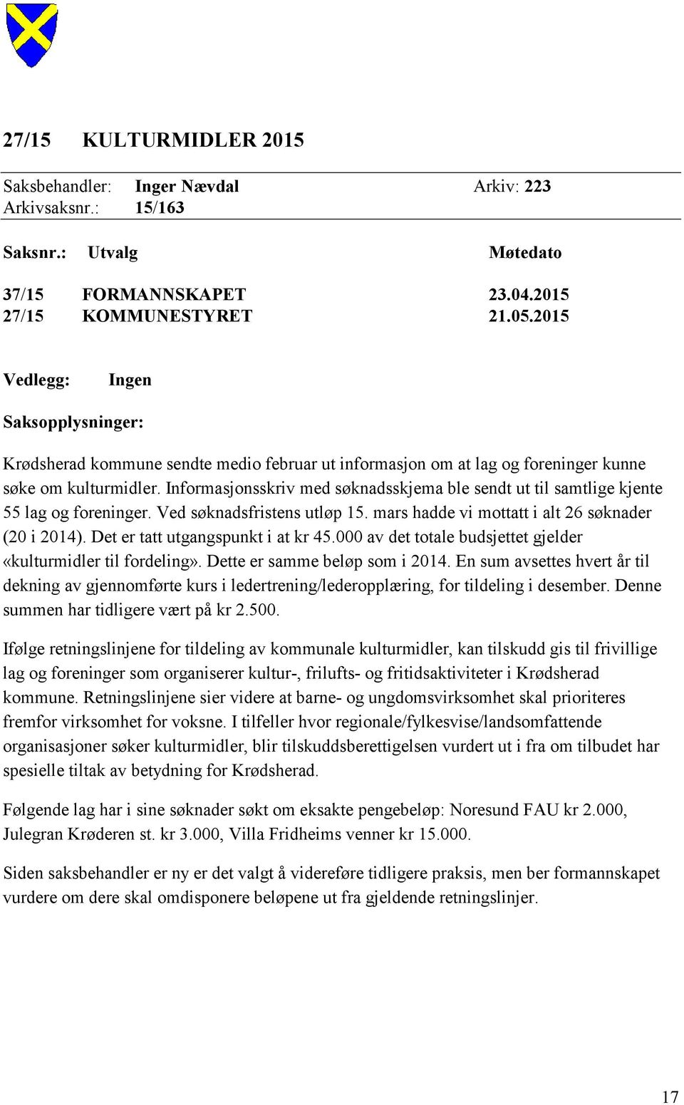 Informasjonsskriv med søknadsskjema ble sendt ut til samtlige kjente 55 lag og foreninger. Ved søknadsfristens utløp 15. mars hadde vi mottatt i alt 26 søknader (20 i 2014).