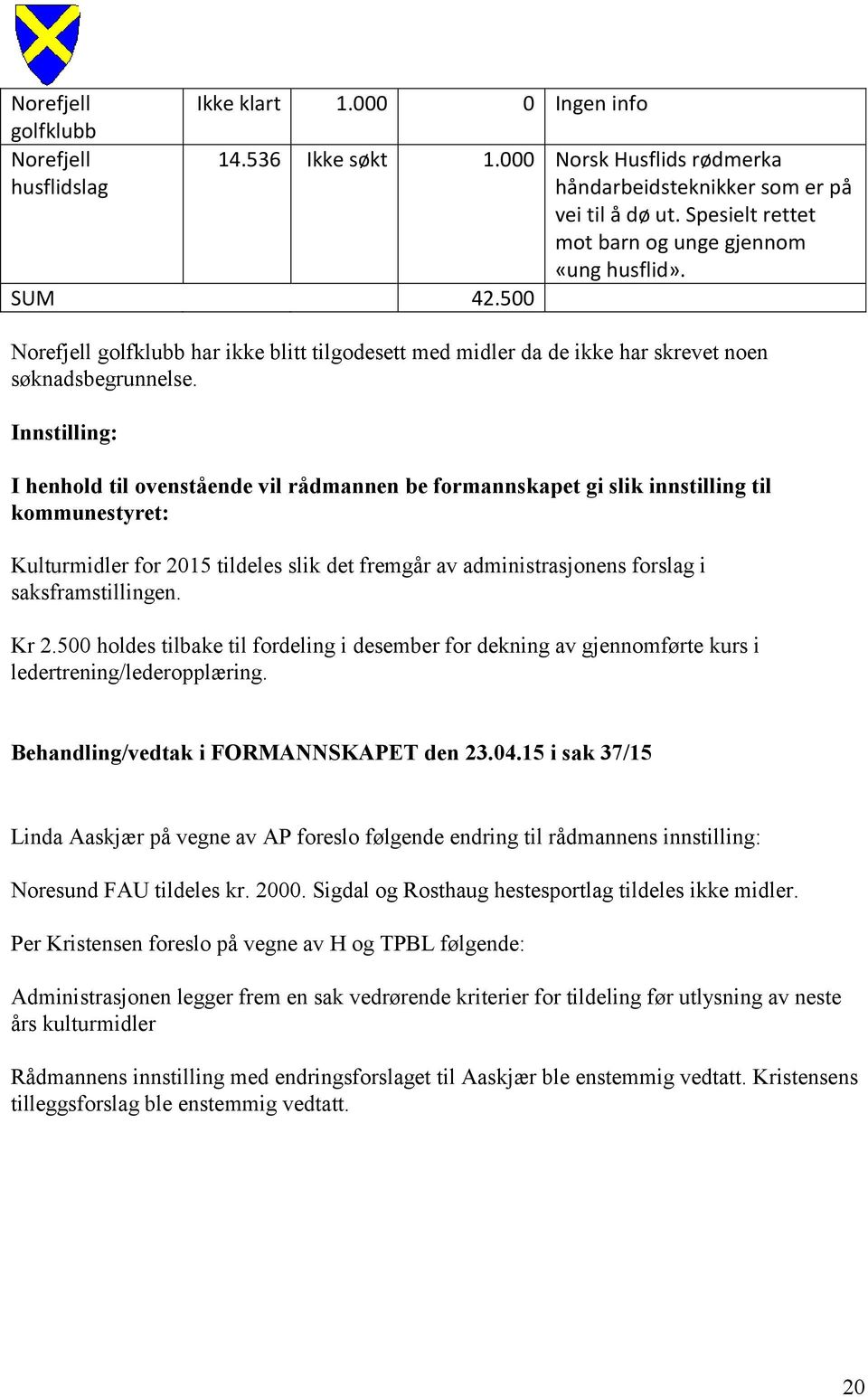 Innstilling: I henhold til ovenstående vil rådmannen be formannskapet gi slik innstilling til kommunestyret: Kulturmidler for 2015 tildeles slik det fremgår av administrasjonens forslag i