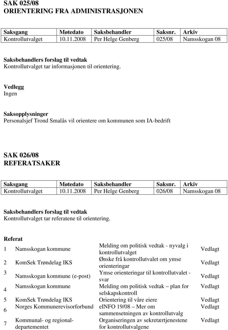 Vedlegg Ingen Saksopplysninger Personalsjef Trond Smalås vil orientere om kommunen som IA-bedrift SAK 026/08 REFERATSAKER Saksgang Møtedato Saksbehandler Saksnr. Arkiv Kontrollutvalget 10.11.