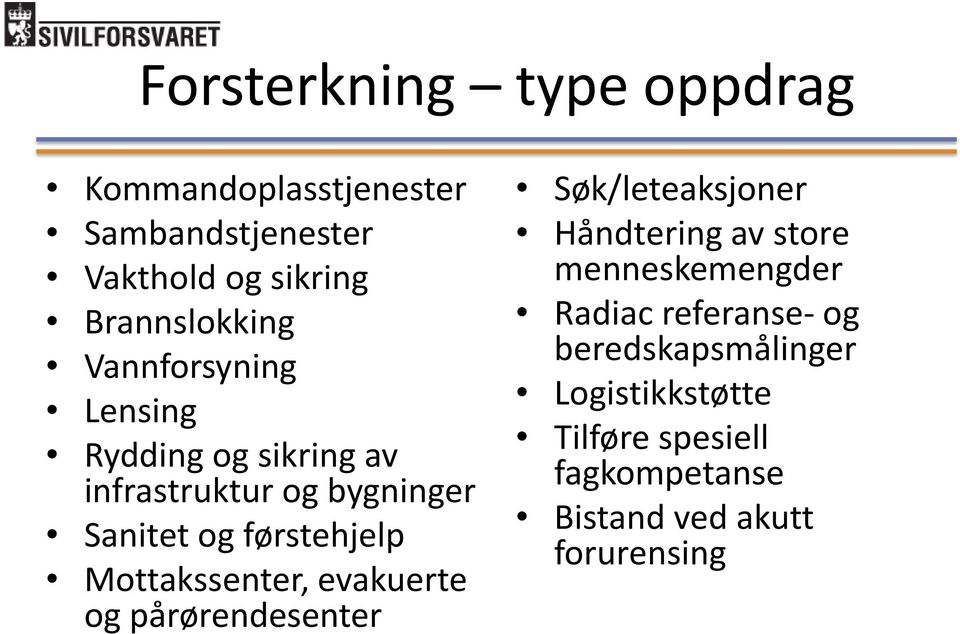 Mottakssenter, evakuerte og pårørendesenter Søk/leteaksjoner Håndtering av store menneskemengder