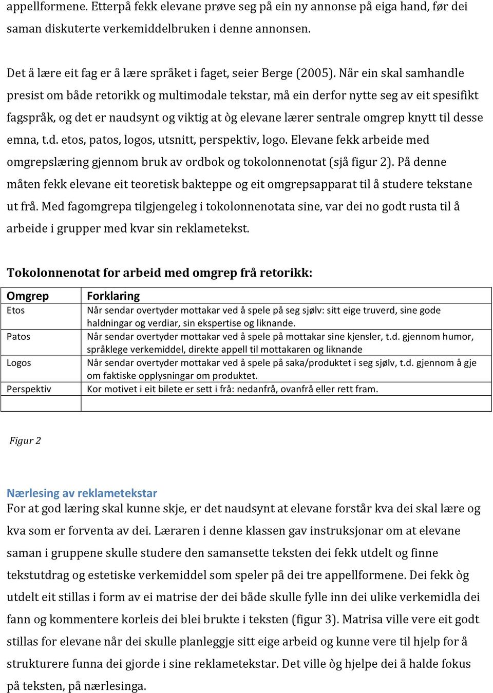 Når ein skal samhandle presist om både retorikk og multimodale tekstar, må ein derfor nytte seg av eit spesifikt fagspråk, og det er naudsynt og viktig at òg elevane lærer sentrale omgrep knytt til