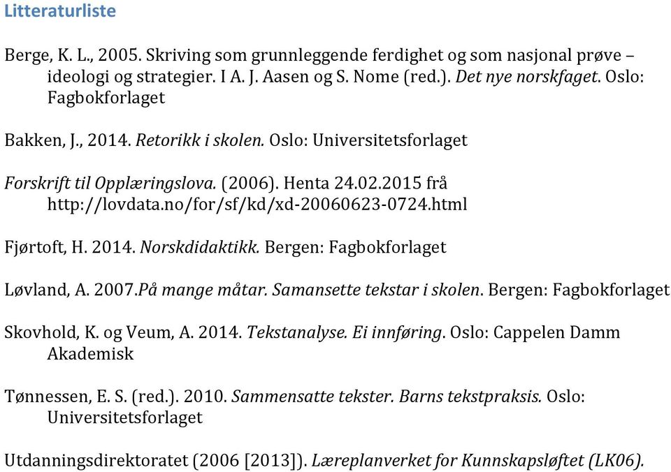 html Fjørtoft, H. 2014. Norskdidaktikk. Bergen: Fagbokforlaget Løvland, A. 2007.På mange måtar. Samansette tekstar i skolen. Bergen: Fagbokforlaget Skovhold, K. og Veum, A. 2014. Tekstanalyse.