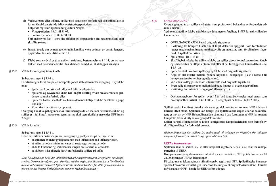 e) Inngått avtale om overgang eller utlån kan ikke være betinget av bestått legetest, oppholds- eller arbeidstillatelse e.l. f) Klubb som medvirker til at spiller i strid med bestemmelsene i 14, bryter kontrakten med nåværende klubb uten klubbens samtykke, skal ilegges sanksjon.