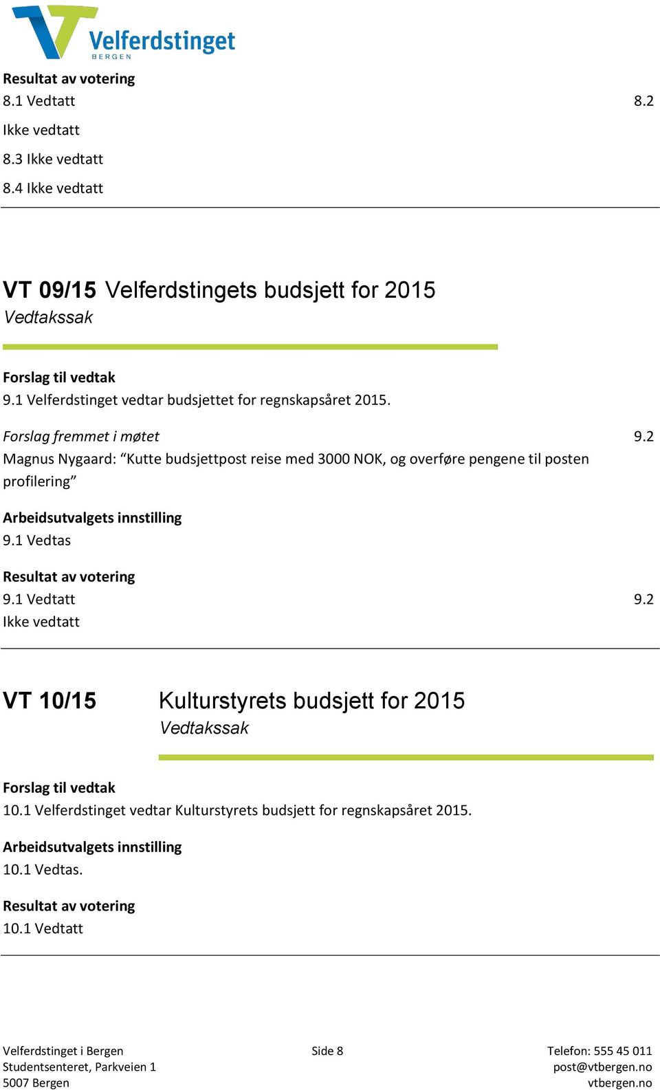 2 Magnus Nygaard: Kutte budsjettpost reise med 3000 NOK, og overføre pengene til posten profilering Arbeidsutvalgets innstilling 9.1 Vedtas Resultat av votering 9.