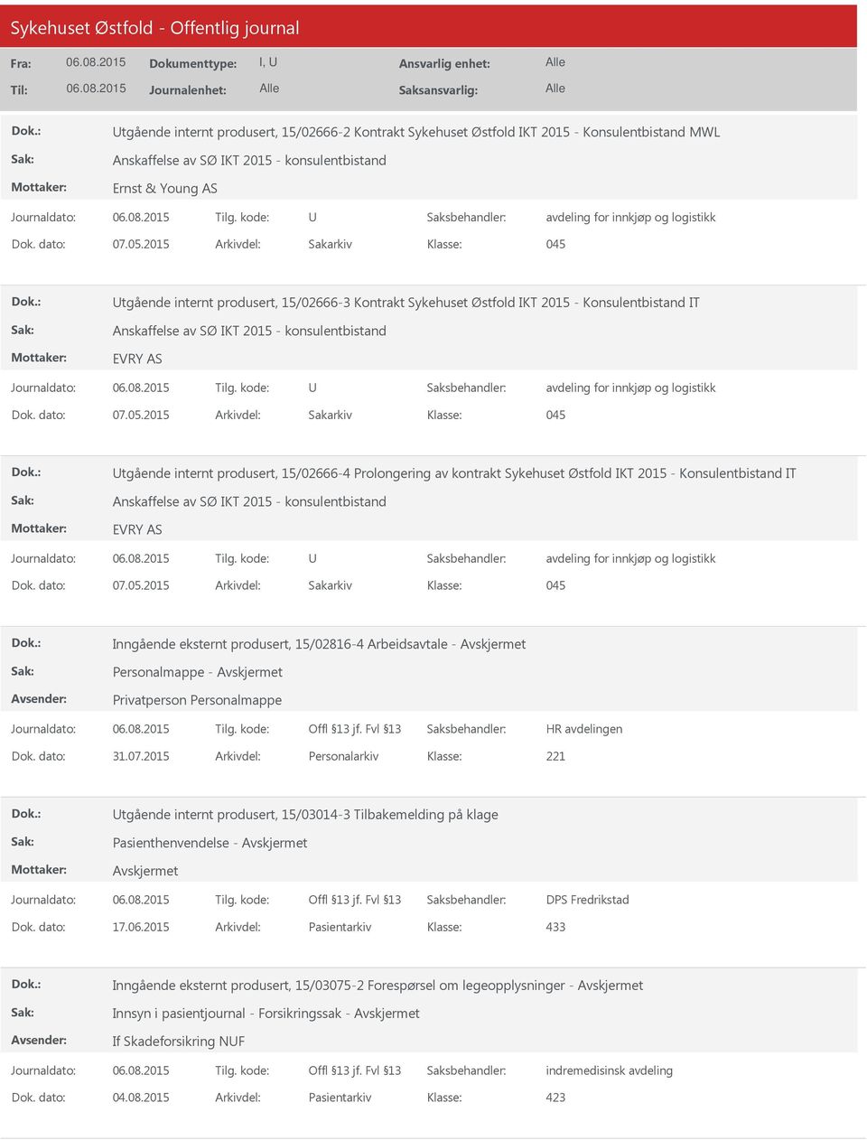 2015 Arkivdel: Sakarkiv 045 tgående internt produsert, 15/02666-3 Kontrakt Sykehuset Østfold IKT 2015 - Konsulentbistand IT Anskaffelse av SØ IKT 2015 - konsulentbistand EVRY AS avdeling for innkjøp