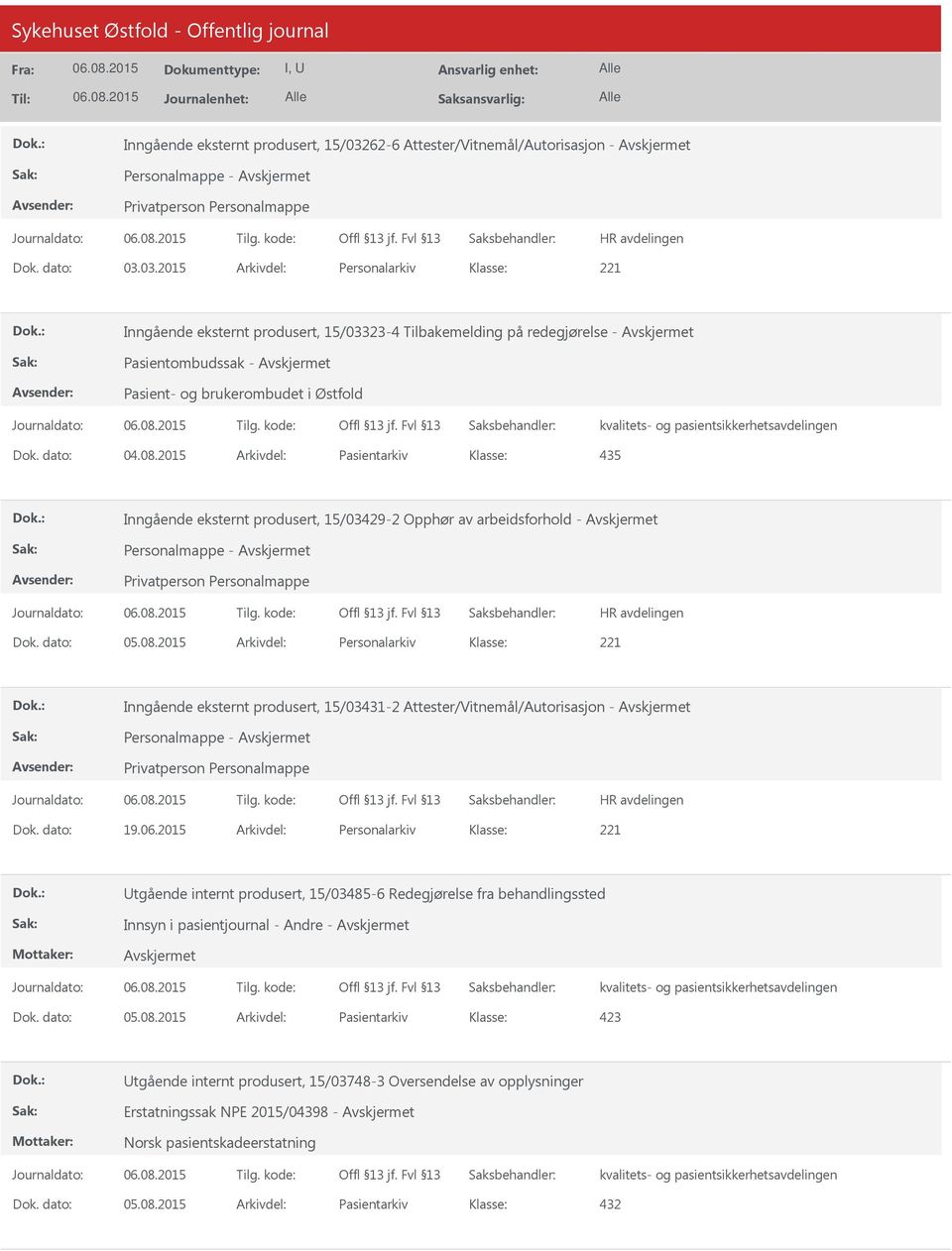 dato: 19.06.2015 Arkivdel: Personalarkiv tgående internt produsert, 15/03485-6 Redegjørelse fra behandlingssted Innsyn i pasientjournal - Andre - Dok. dato: 05.08.