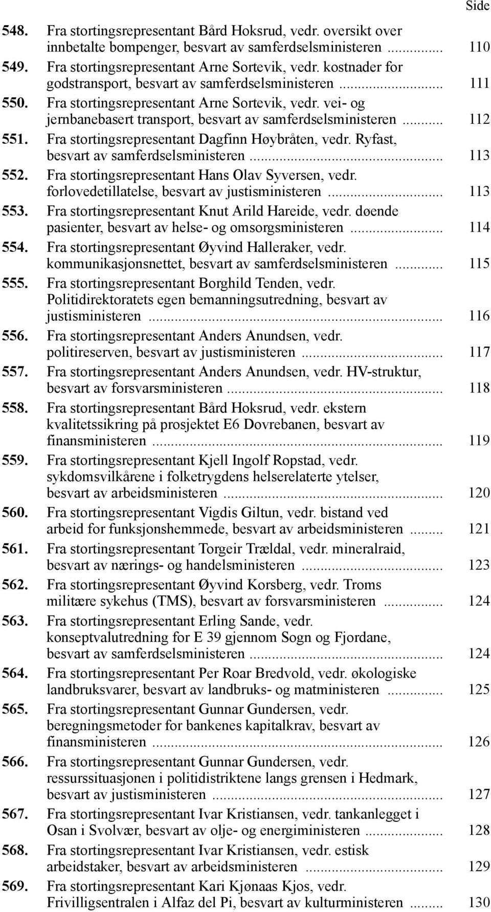 Fra stortingsrepresentant Dagfinn Høybråten, vedr. Ryfast, besvart av samferdselsministeren... 113 552. Fra stortingsrepresentant Hans Olav Syversen, vedr.