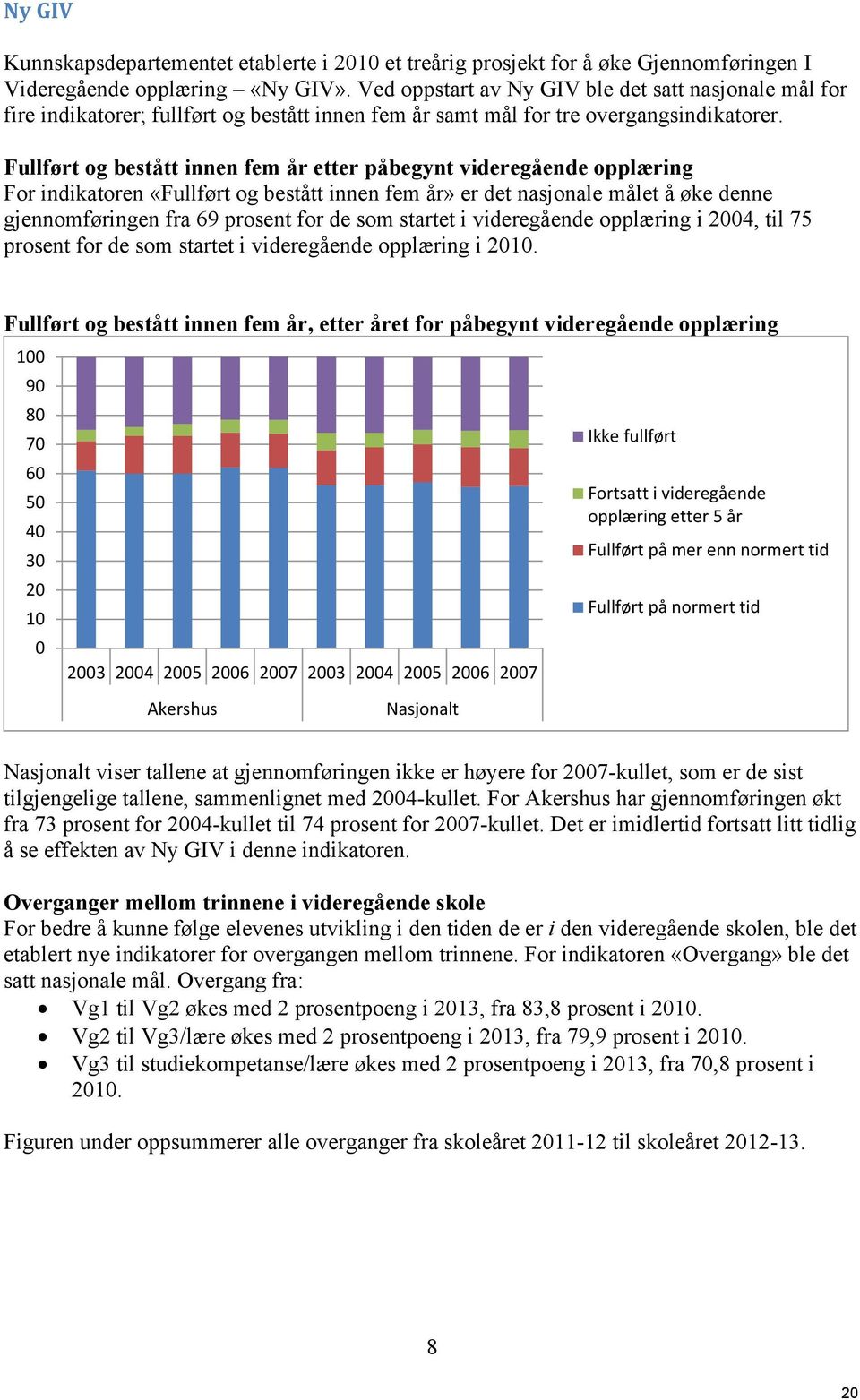 Fullført og bestått innen fem år etter påbegynt videregående opplæring For indikatoren «Fullført og bestått innen fem år» er det nasjonale målet å øke denne gjennomføringen fra 69 prosent for de som