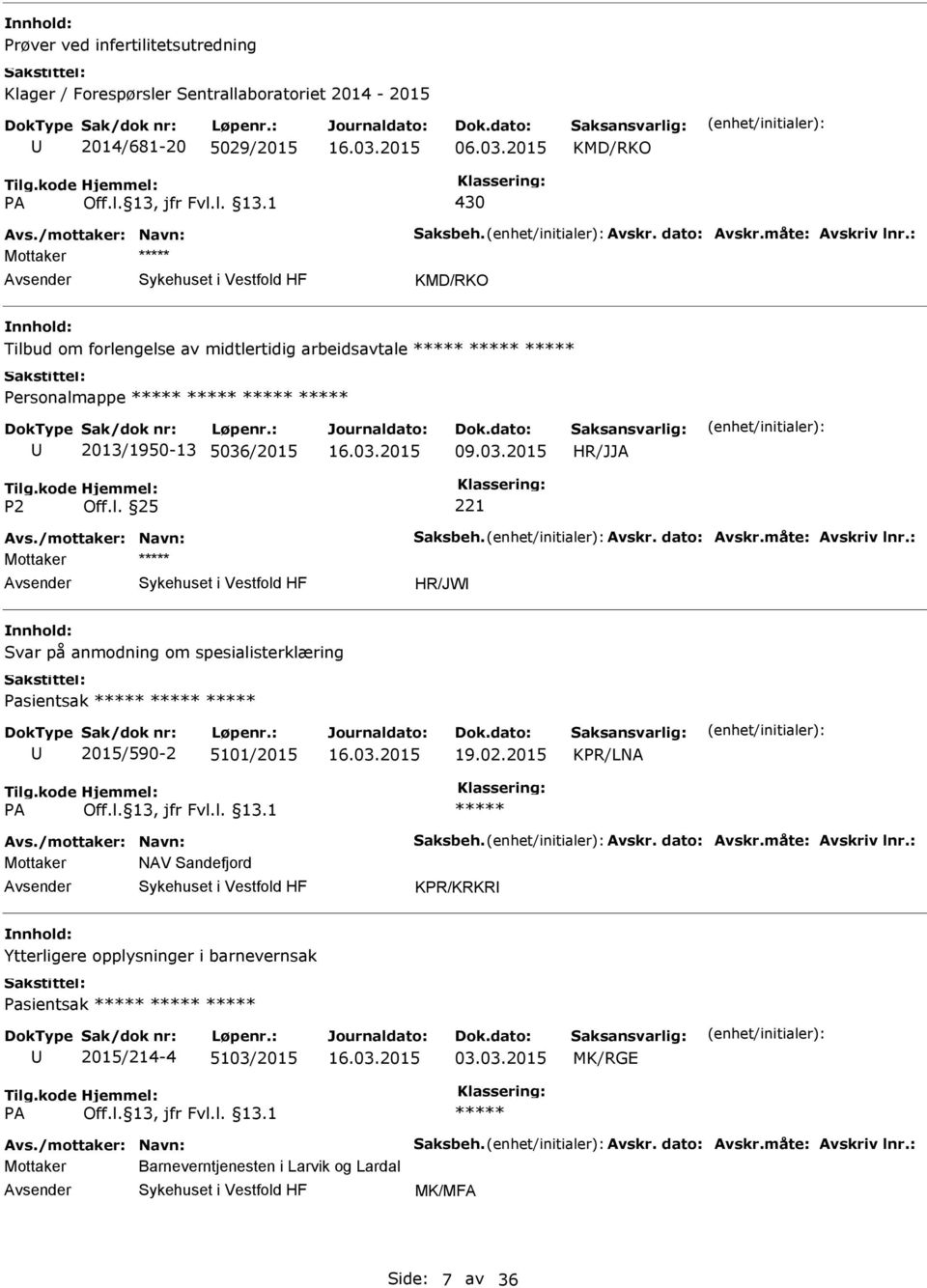 : Mottaker HR/JW Svar på anmodning om spesialisterklæring Pasientsak 2015/590-2 5101/2015 19.02.2015 Avs./mottaker: Navn: Saksbeh. Avskr. dato: Avskr.måte: Avskriv lnr.