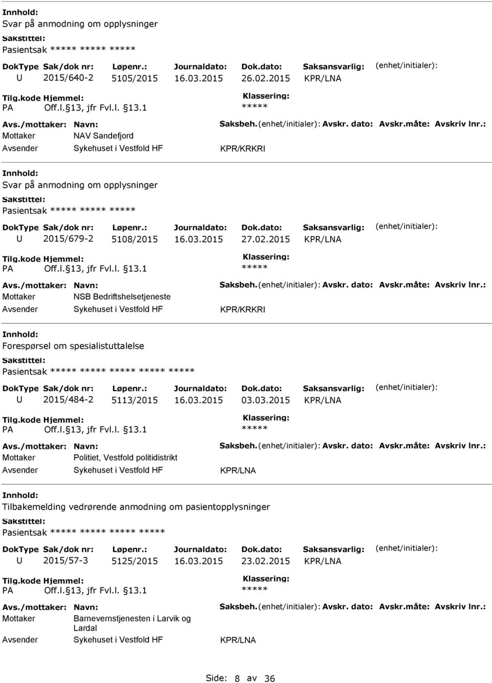 : Mottaker NSB Bedriftshelsetjeneste KPR/KRKR Forespørsel om spesialistuttalelse Pasientsak 2015/484-2 5113/2015 03.03.2015 Avs./mottaker: Navn: Saksbeh. Avskr. dato: Avskr.måte: Avskriv lnr.