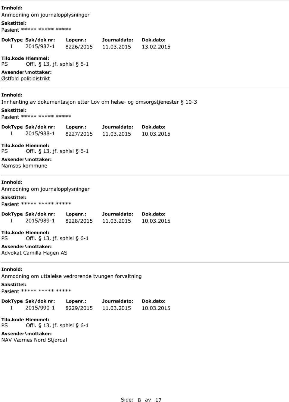 8227/2015 Namsos kommune nnhold: Anmodning om journalopplysninger 2015/989-1 8228/2015 Advokat Camilla