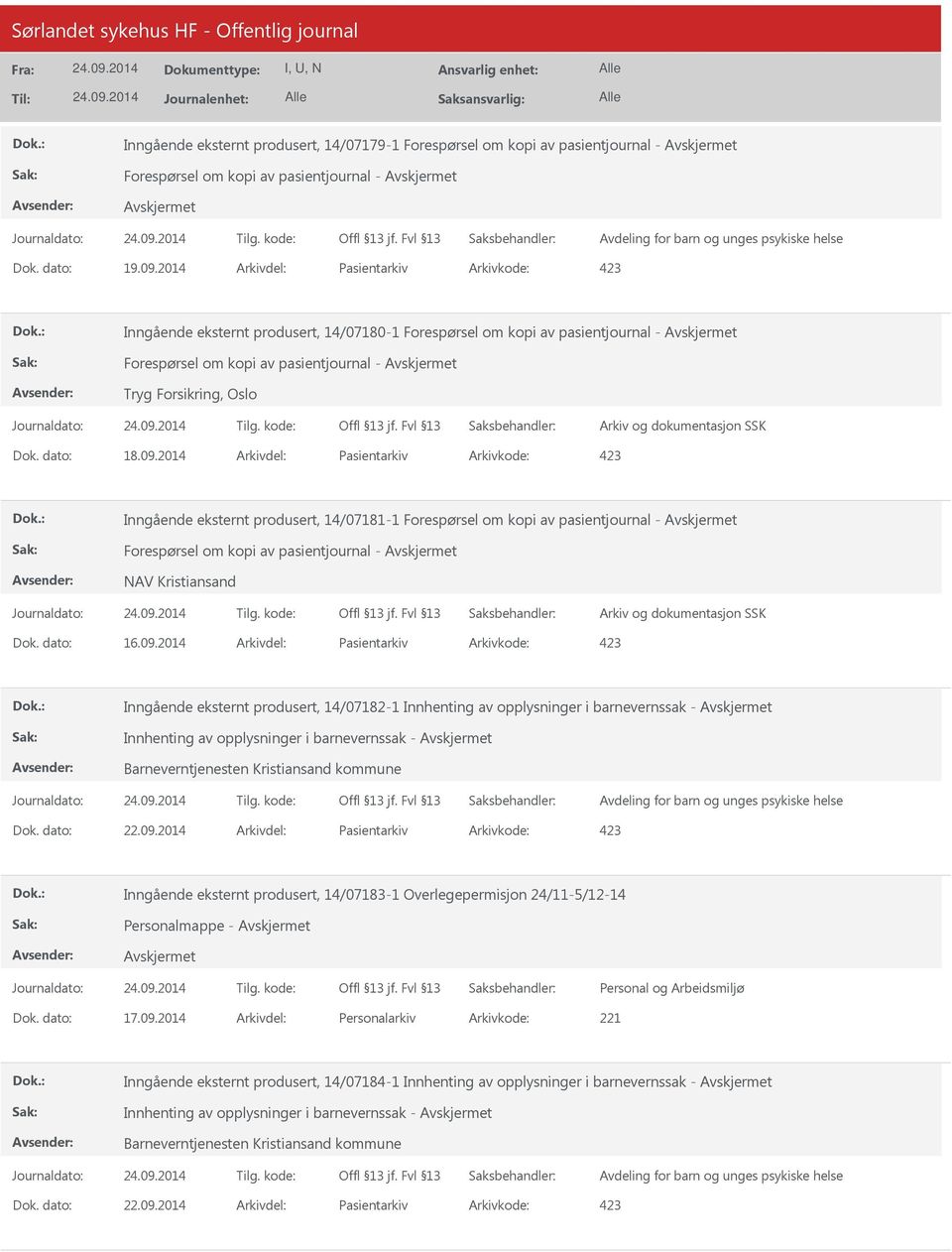 09.2014 Arkivdel: Pasientarkiv Arkivkode: 423 Inngående eksternt produsert, 14/07181-1 Forespørsel om kopi av pasientjournal - Forespørsel om kopi av pasientjournal - NAV Kristiansand Dok. dato: 16.