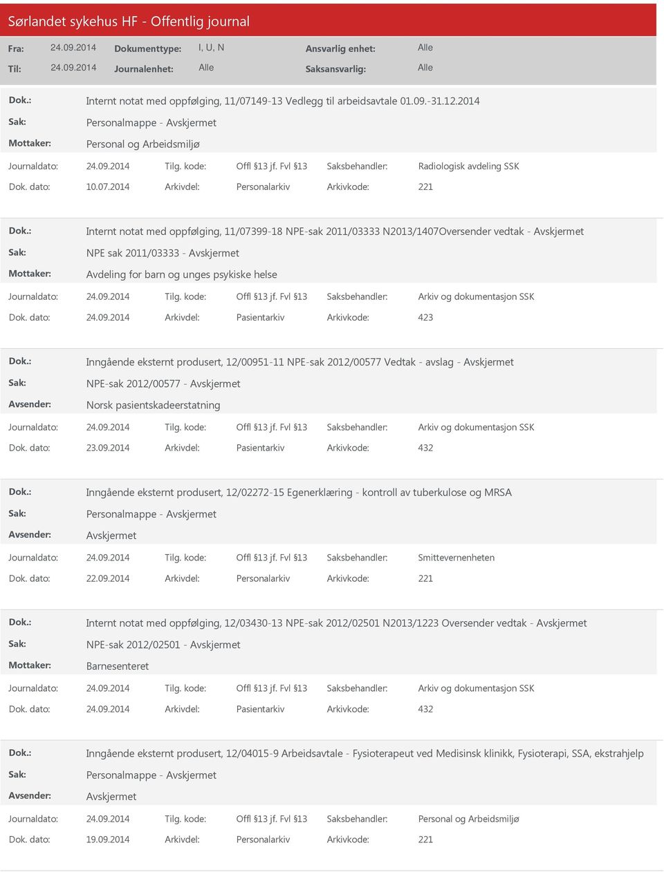 2014 Arkivdel: Personalarkiv Arkivkode: 221 Internt notat med oppfølging, 11/07399-18 NPE-sak 2011/03333 N2013/1407Oversender vedtak - NPE sak 2011/03333 - Avdeling for barn og unges psykiske helse