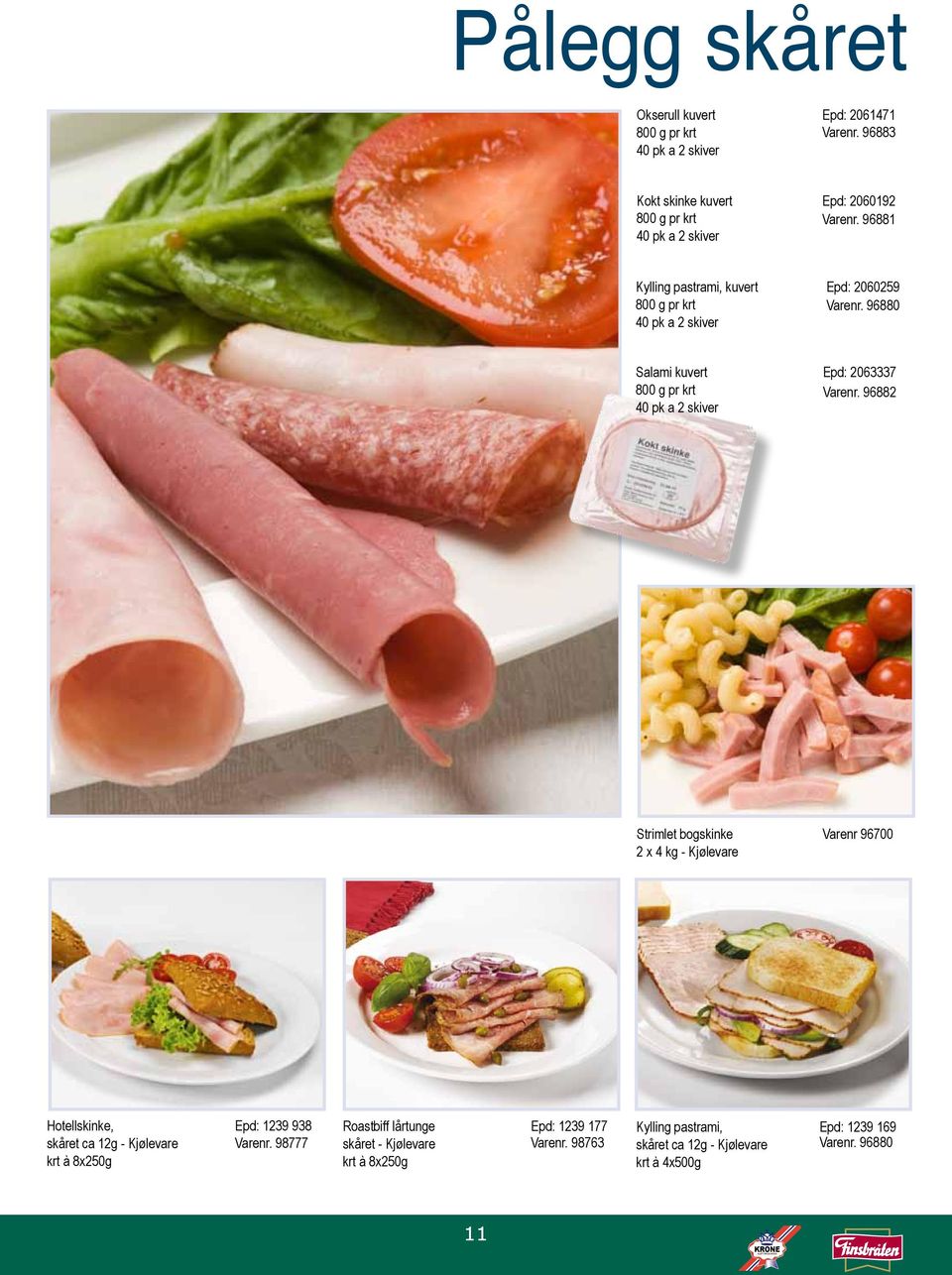 96881 Kylling pastrami, kuvert 800 g pr krt 40 pk a 2 skiver Epd: 2060259 Varenr. 96880 Salami kuvert 800 g pr krt 40 pk a 2 skiver Epd: 2063337 Varenr.