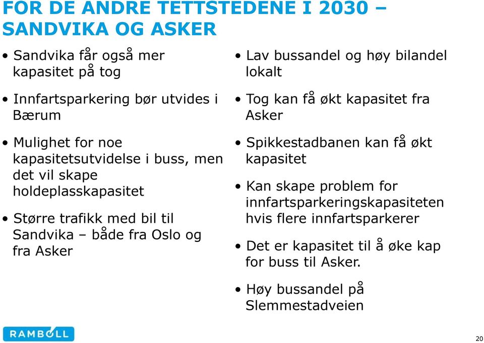 med bil til Sandvika både fra Oslo og fra Asker Tog kan få økt kapasitet fra Asker Spikkestadbanen kan få økt kapasitet Kan skape