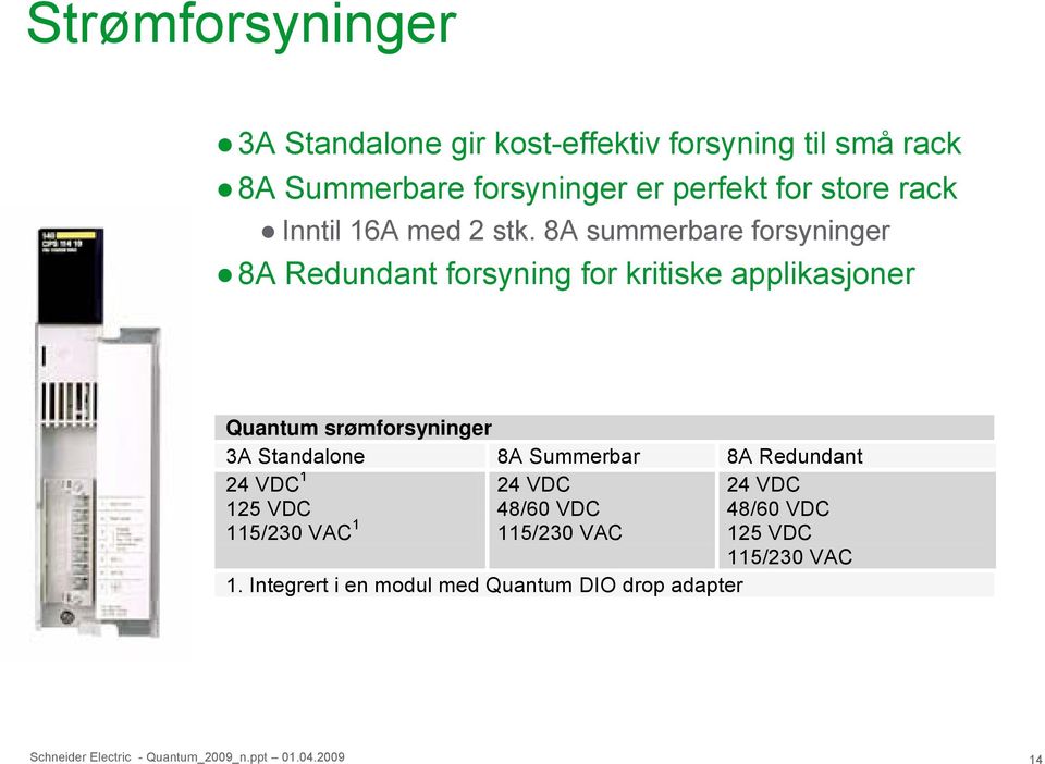 8A summerbare forsyninger 8A Redundant forsyning for kritiske applikasjoner Quantum srømforsyninger 3A