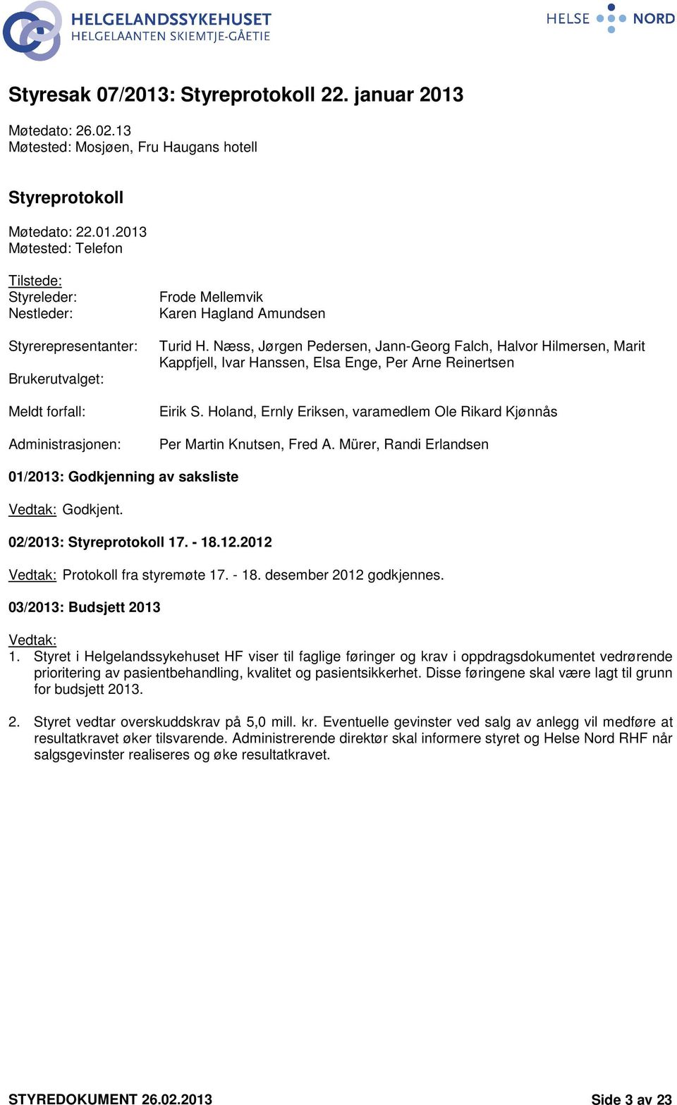 Holand, Ernly Eriksen, varamedlem Ole Rikard Kjønnås Per Martin Knutsen, Fred A. Mürer, Randi Erlandsen 01/2013: Godkjenning av saksliste Vedtak: Godkjent. 02/2013: Styreprotokoll 17. - 18.12.