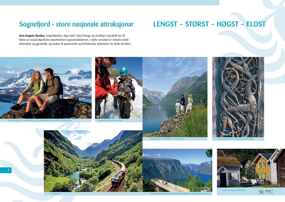 Tre nasjonalparkar: Jotunheimen, Jostedalsbreen og Breheimen Nasjonalpark Brevandring på Nigardsbreen Nærøyfjorden: På UNESCO si verdsarvliste Urnes Stavkyrkje På UNESCO si