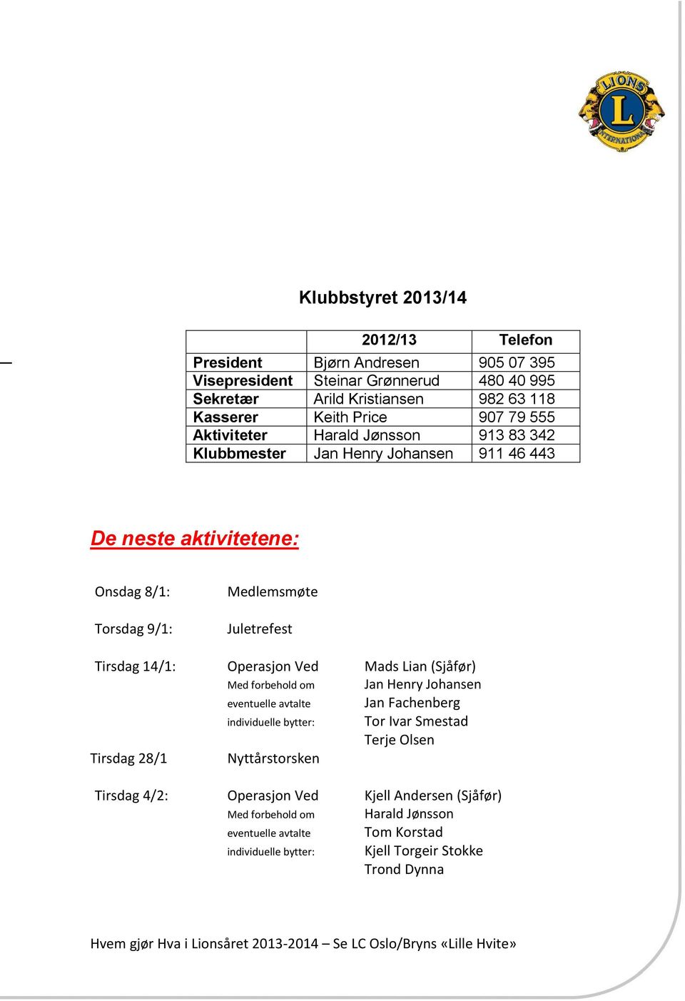 (Sjåfør) Med forbehold om Jan Henry Johansen eventuelle avtalte Jan Fachenberg individuelle bytter: Tor Ivar Smestad Terje Olsen Tirsdag 28/1 Nyttårstorsken Tirsdag 4/2: Operasjon Ved Kjell