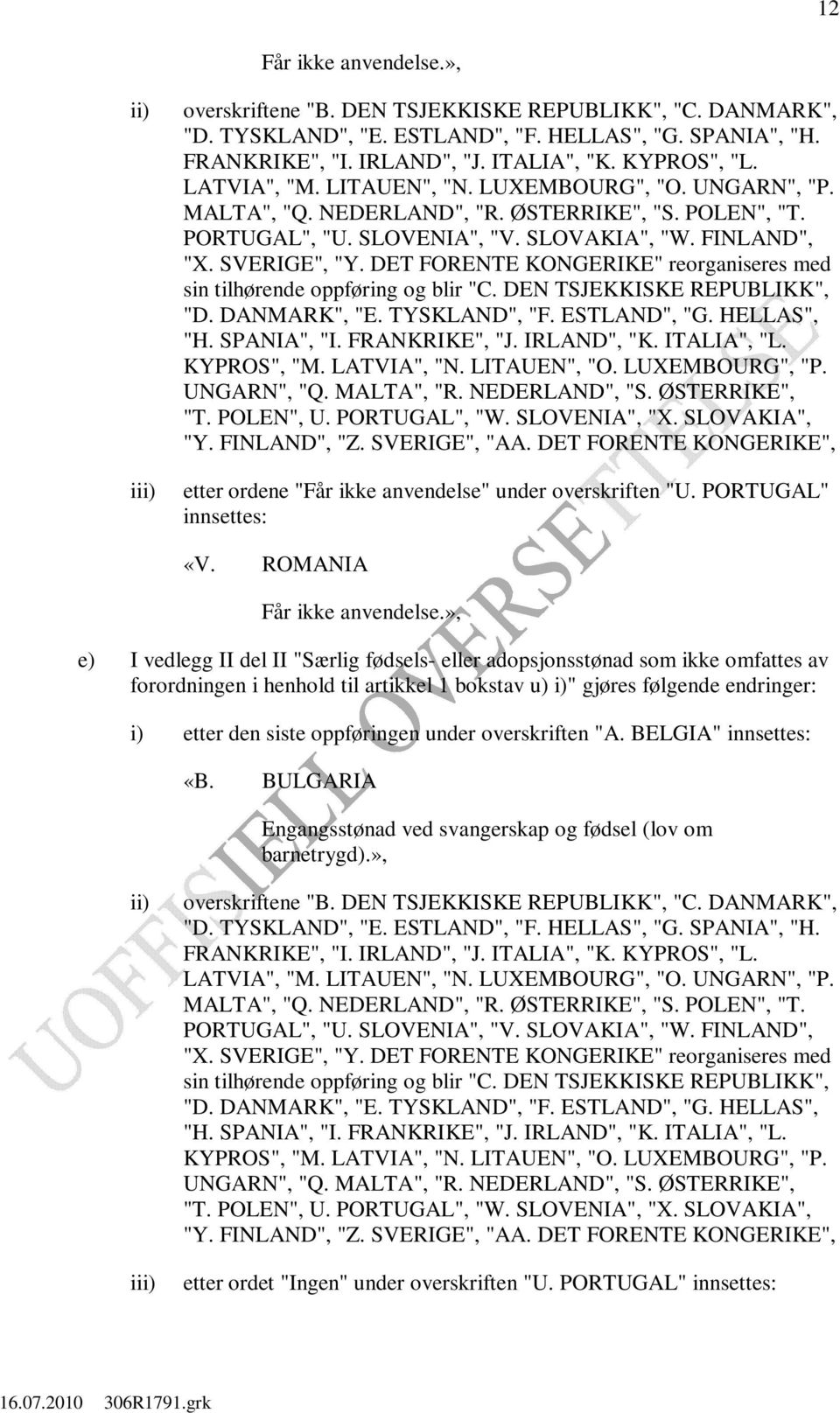 DET FORENTE KONGERIKE" reorganiseres med sin tilhørende oppføring og blir "C. DEN TSJEKKISKE REPUBLIKK", "D. DANMARK", "E. TYSKLAND", "F. ESTLAND", "G. HELLAS", "H. SPANIA", "I. FRANKRIKE", "J.