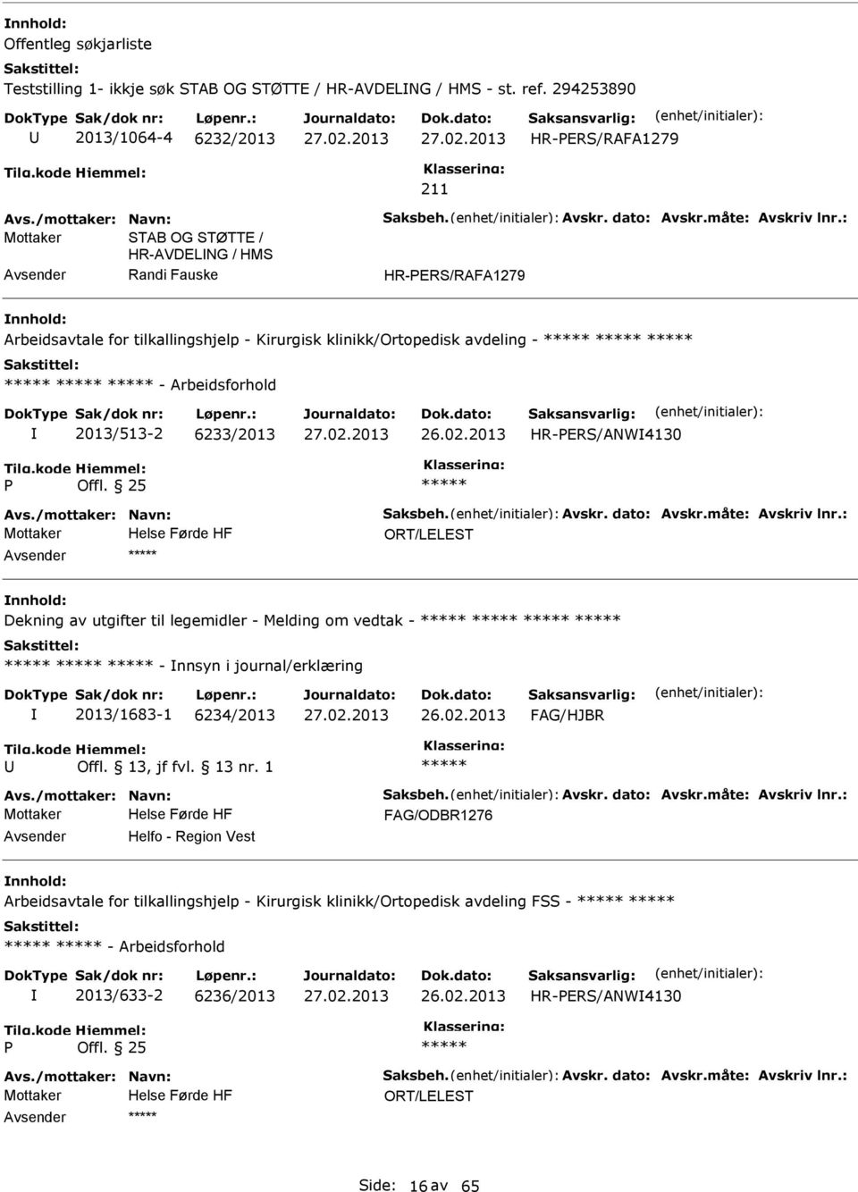 : Mottaker STAB OG STØTTE / HR-AVDELNG / HMS Randi Fauske HR-ERS/RAFA1279 Arbeidsavtale for tilkallingshjelp - Kirurgisk klinikk/ortopedisk avdeling - - Arbeidsforhold 2013/513-2 6233/2013 26.02.