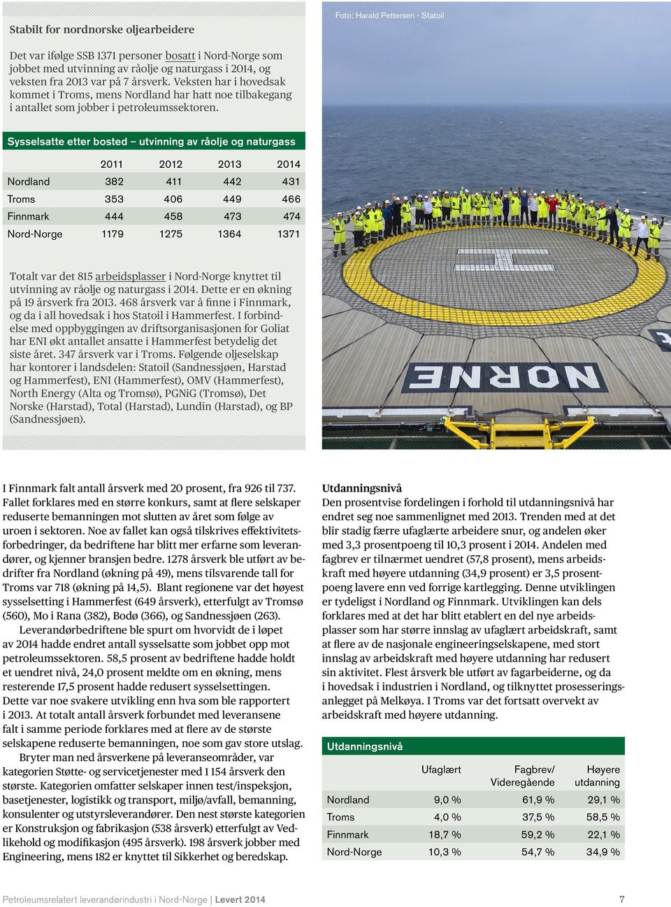 Sysselsatte etter bosted utvinning av råolje og naturgass 2011 2012 2013 2014 Nordland 382 411 442 431 Troms 353 406 449 466 Finnmark 444 458 473 474 Nord-Norge 1179 1275 1364 1371 Totalt var det 815