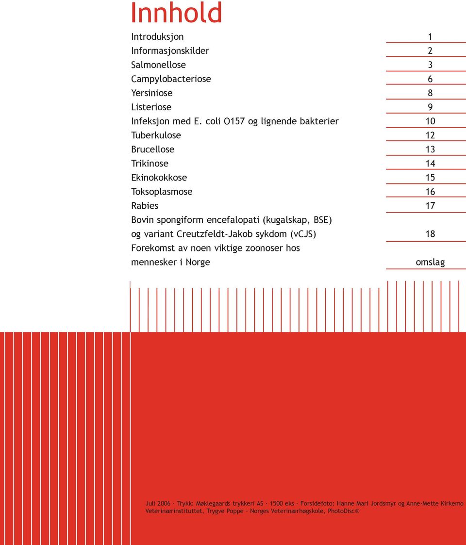 BSE) og variant Creutzfeldt-Jakob sykdom (vcjs) Forekomst av noen viktige zoonoser hos mennesker i Norge 1 2 3 6 8 9 10 12 13 14 15 16 17 18
