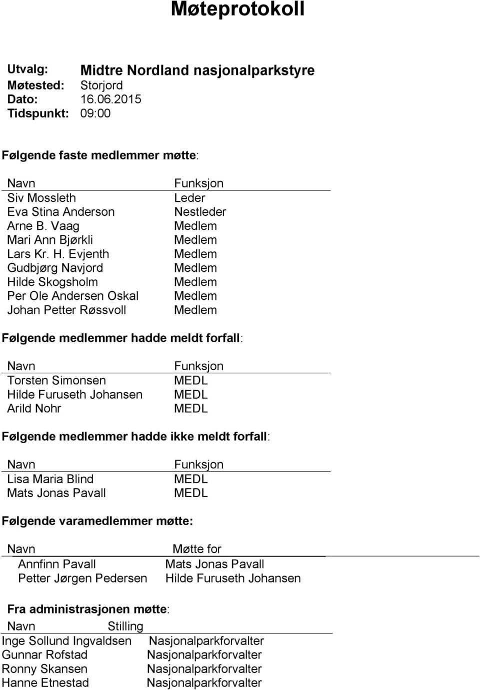 Evjenth Gudbjørg Navjord Hilde Skogsholm Per Ole Andersen Oskal Johan Petter Røssvoll Funksjon Leder Nestleder Medlem Medlem Medlem Medlem Medlem Medlem Medlem Følgende medlemmer hadde meldt forfall: