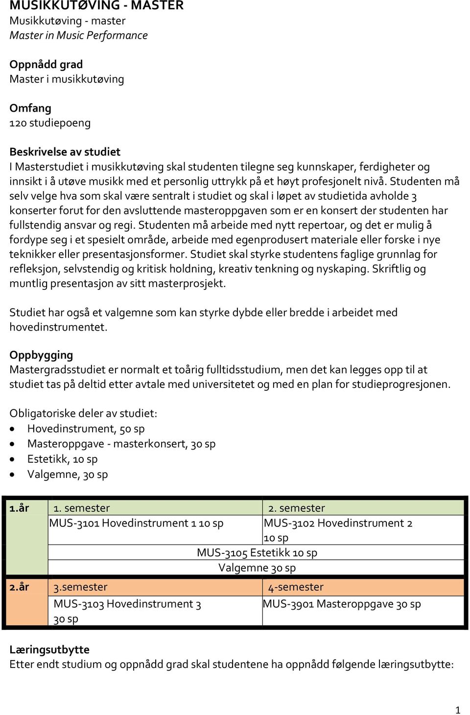 Studenten må selv velge hva som skal være sentralt i studiet og skal i løpet av studietida avholde 3 konserter forut for den avsluttende masteroppgaven som er en konsert der studenten har fullstendig