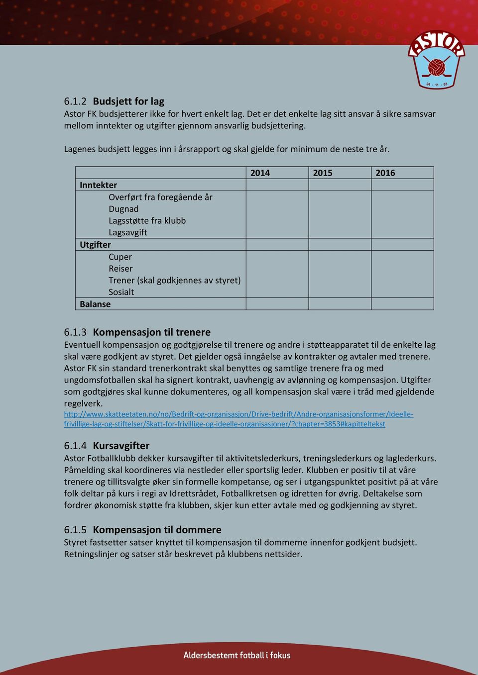 Inntekter Overført fra foregående år Dugnad Lagsstøtte fra klubb Lagsavgift Utgifter Cuper Reiser Trener (skal godkjennes av styret) Sosialt Balanse 2014