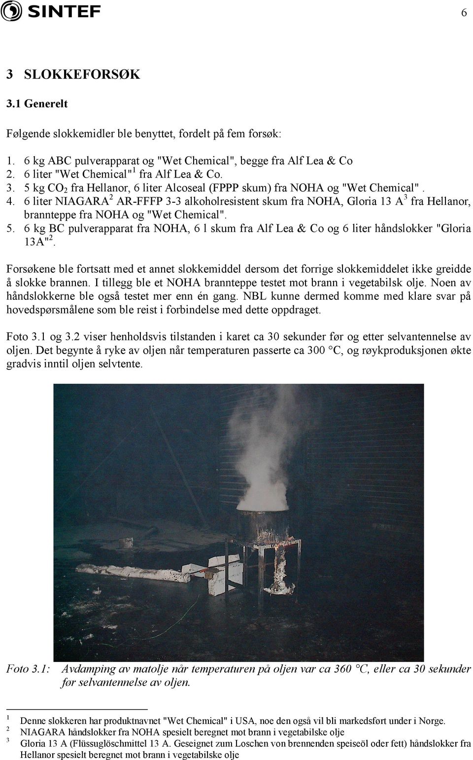 6 liter NIAARA 2 AR-FFFP 3-3 alkoholresistent skum fra NOHA, loria 13 A 3 fra Hellanor, brannteppe fra NOHA og "Wet Chemical". 5.