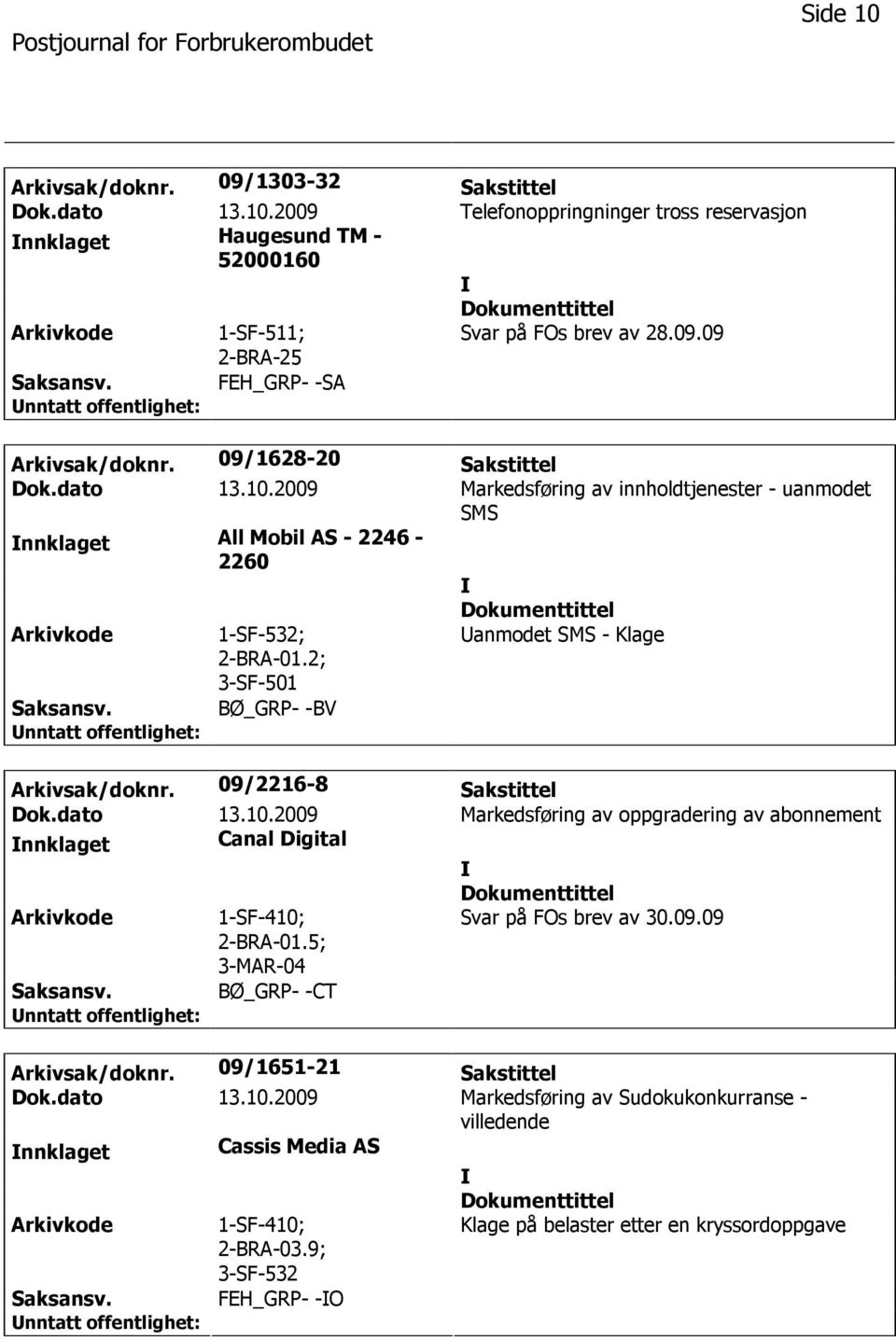 2; 3-SF-501 anmodet SMS - Klage BØ_GRP- -BV Arkivsak/doknr. 09/2216-8 Sakstittel Dok.dato 13.10.2009 Markedsføring av oppgradering av abonnement nnklaget Canal Digital 1-SF-410; 2-BRA-01.