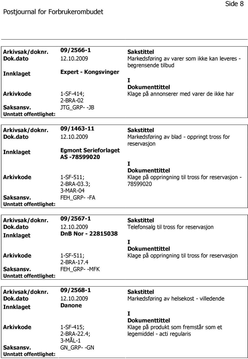 09/1463-11 Sakstittel Dok.dato 12.10.2009 Markedsføring av blad - oppringt tross for reservasjon nnklaget Egmont Serieforlaget AS -78599020 1-SF-511; 2-BRA-03.