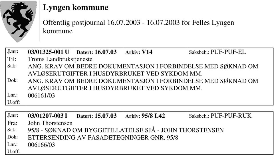 KRAV OM BEDRE DOKUMENTASJON I FORBINDELSE MED SØKNAD OM AVLØSERUTGIFTER I HUSDYRBRUKET VED SYKDOM MM. Lnr.: 006161/03 J.