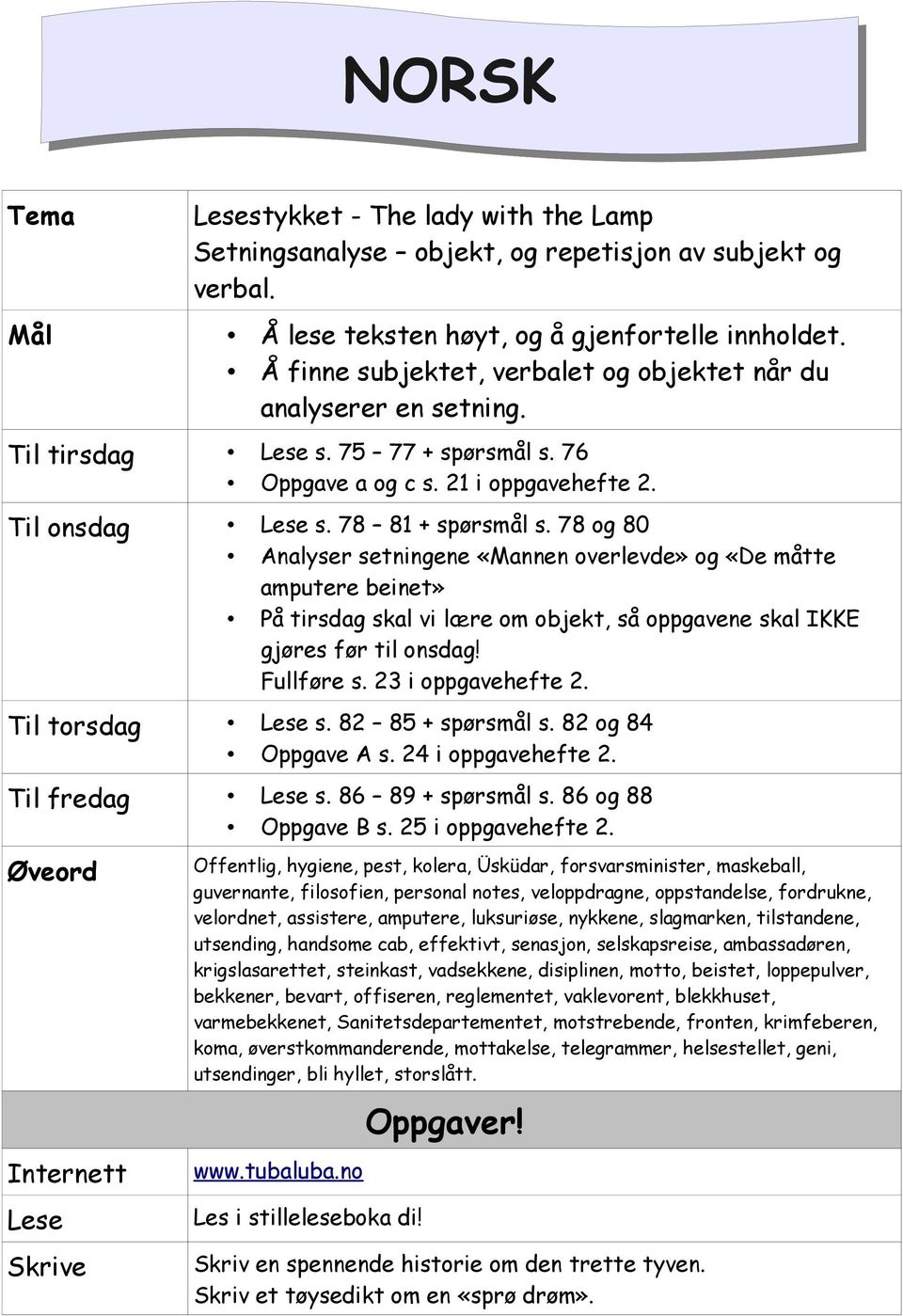 78 og 80 Analyser setningene «Mannen overlevde» og «De måtte amputere beinet» På tirsdag skal vi lære om objekt, så oppgavene skal IKKE gjøres før til onsdag! Fullføre s. 23 i oppgavehefte 2.