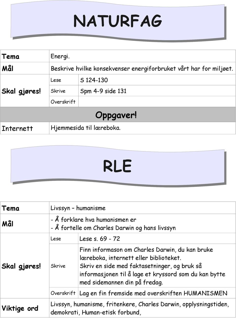 RLE Livssyn humanisme - Å forklare hva humanismen er - Å fortelle om Charles Darwin og hans livssyn Lese Lese s. 69-72 Skal gjøres!