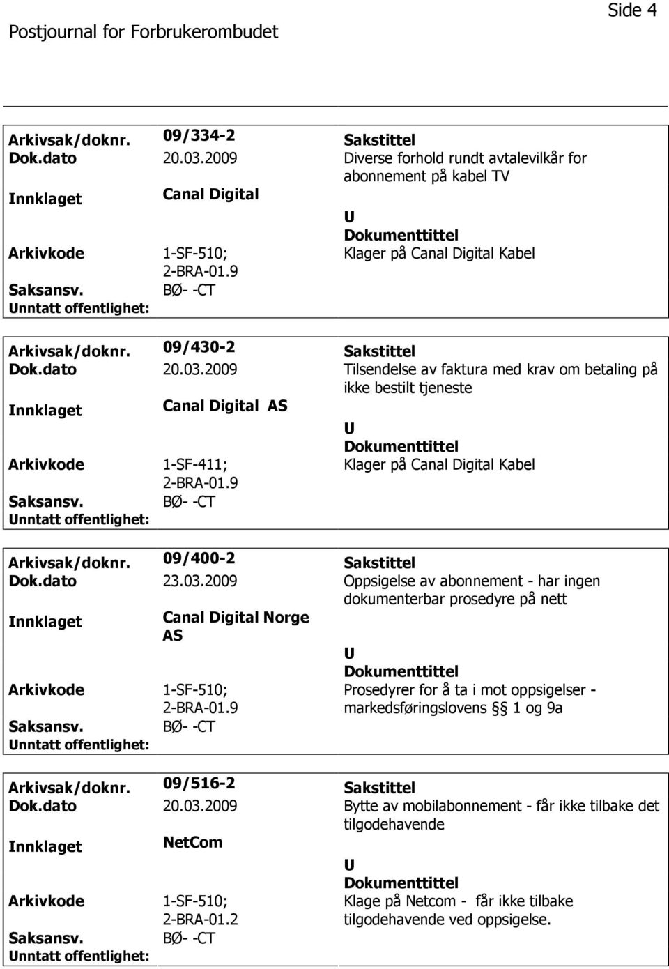 2009 Tilsendelse av faktura med krav om betaling på ikke bestilt tjeneste nnklaget Canal Digital AS 1-SF-411; 2-BRA-01.9 Klager på Canal Digital Kabel BØ- -CT Arkivsak/doknr. 09/400-2 Sakstittel Dok.